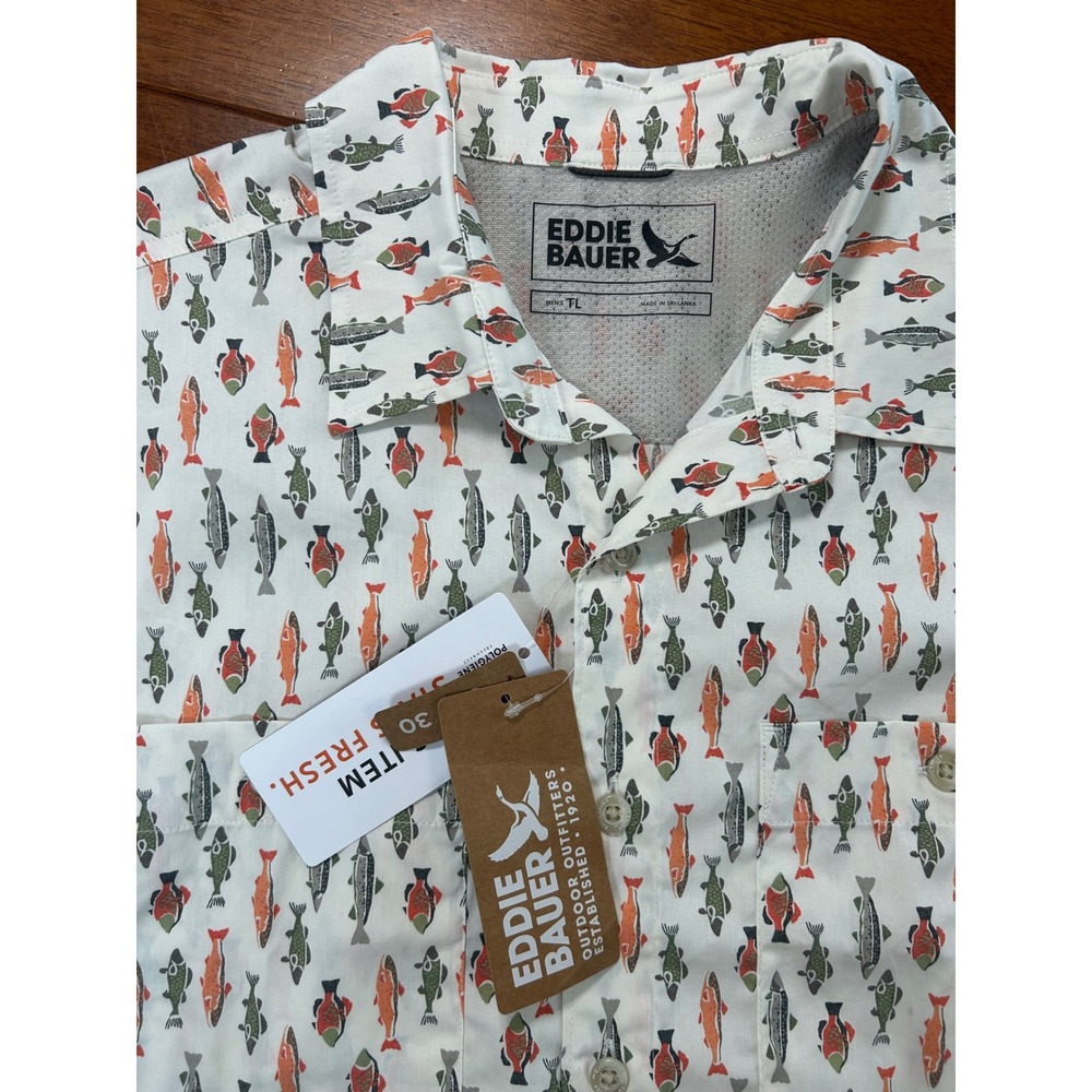 New Eddie Bauer Button Up Shirt Mens TL White Fish Print Short Sleeve Tall